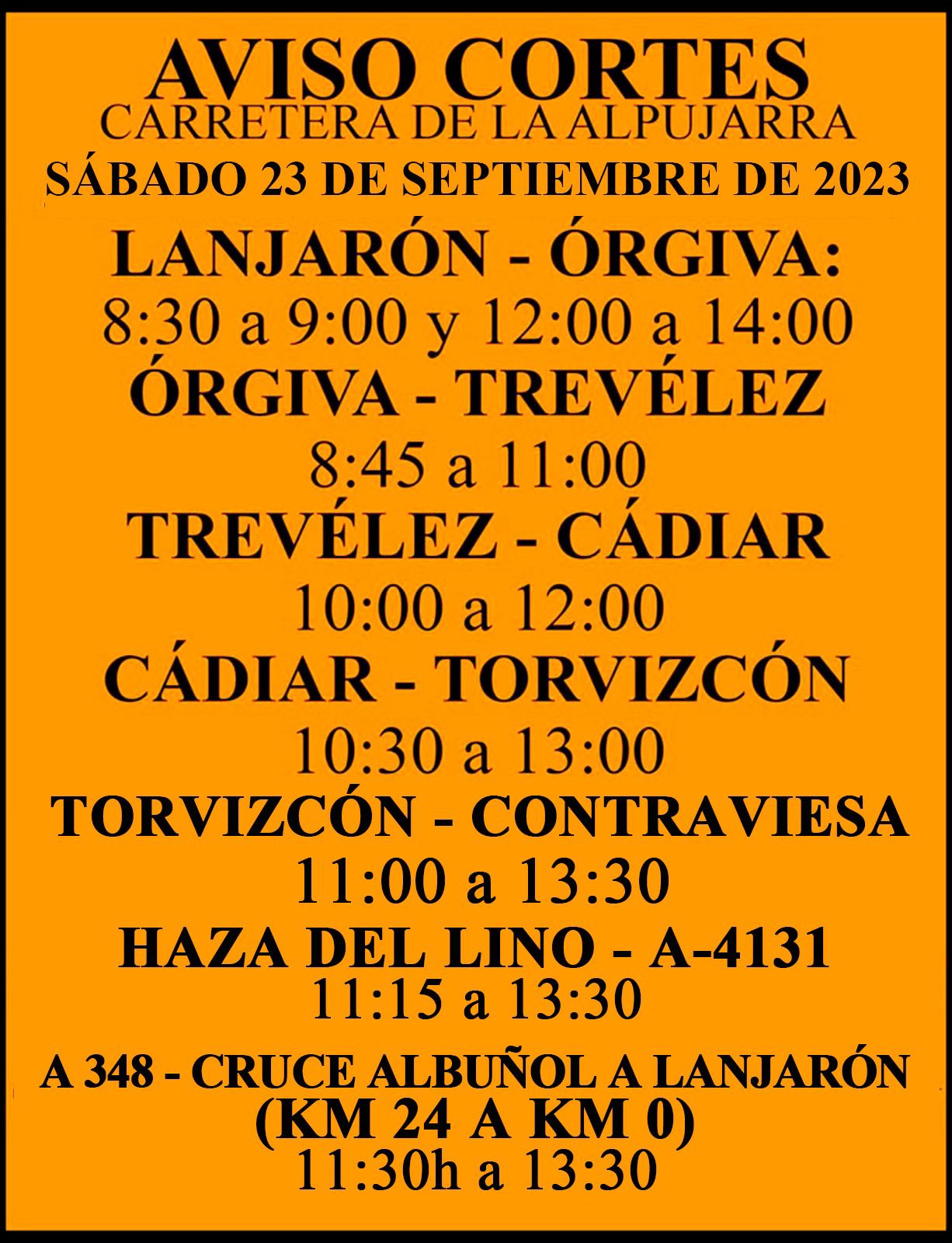 Horarios de cortes de carretera por evento deportivo VII Alpujarra Magna Gran Fondo